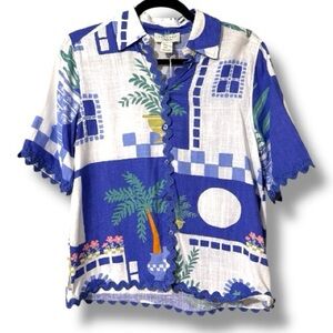 Calypso St. Barth size XS blue white button down linen blend tropical women’s